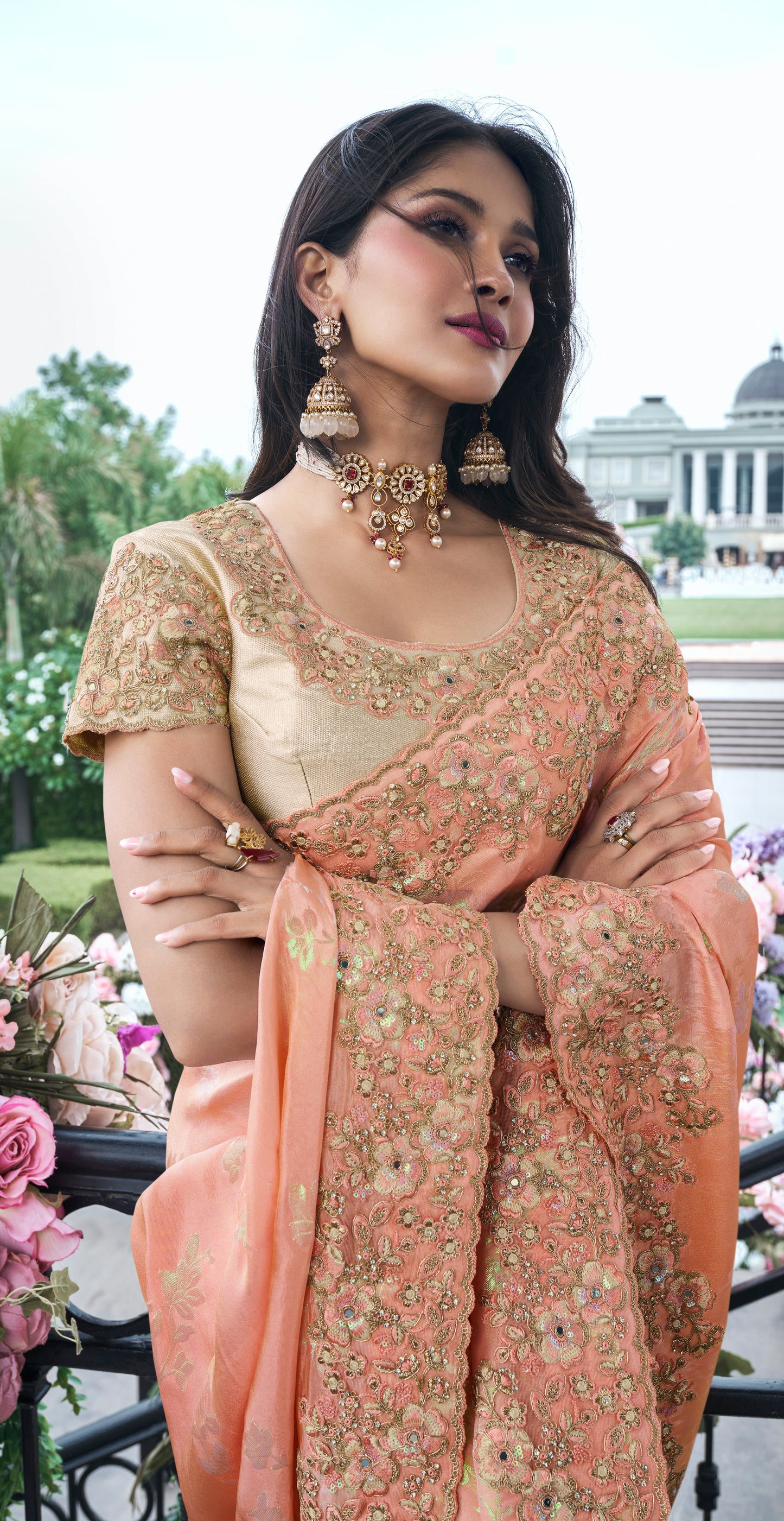 Peach With Ranbow Jari Half n Half Saree