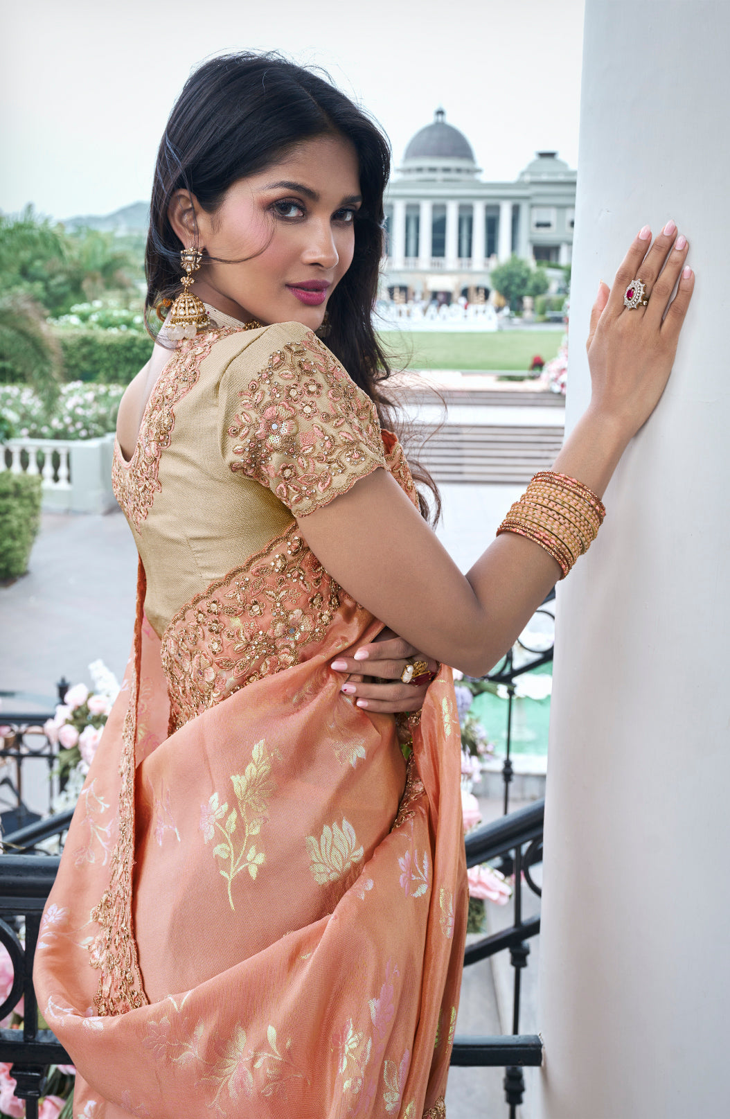 Peach With Ranbow Jari Half n Half Saree