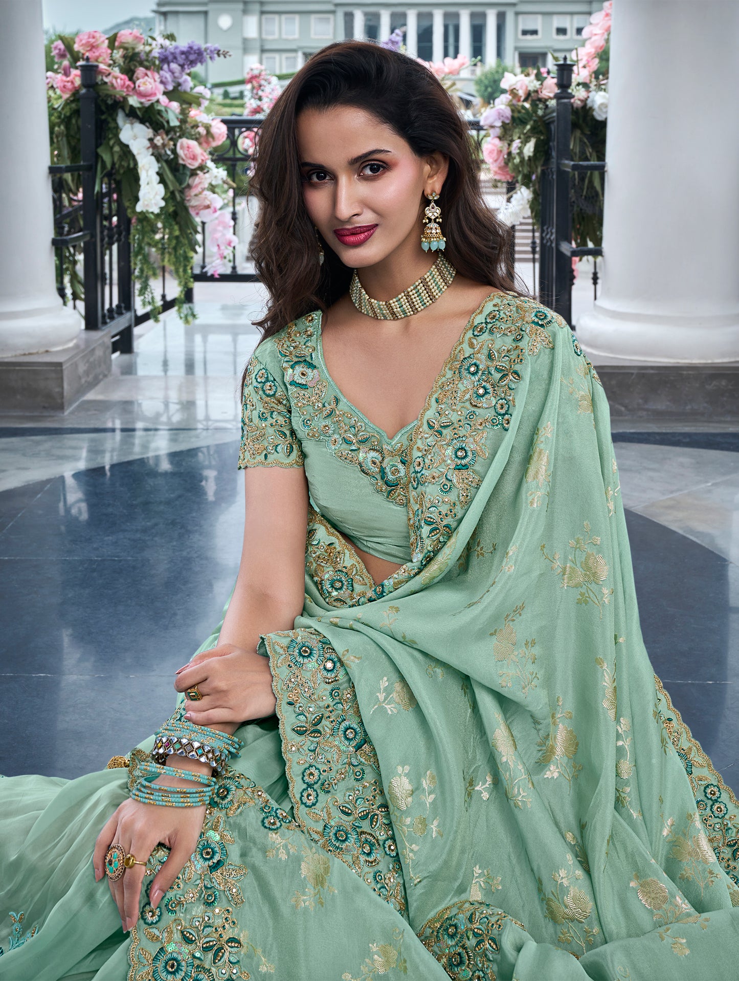 Aqua Blue Half n Half Saree