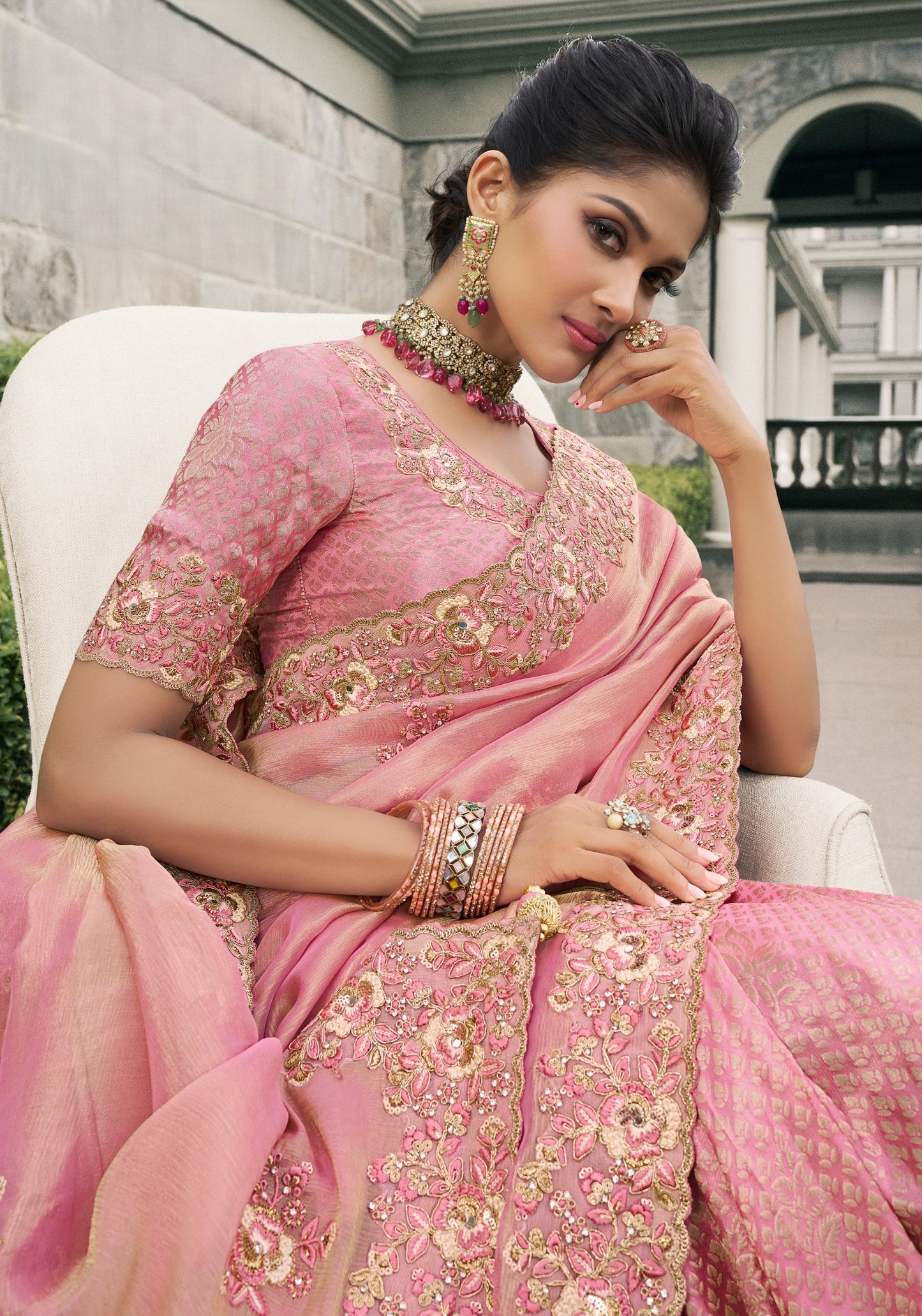 Pink Half n Half Pure Baranasi Silk Saree