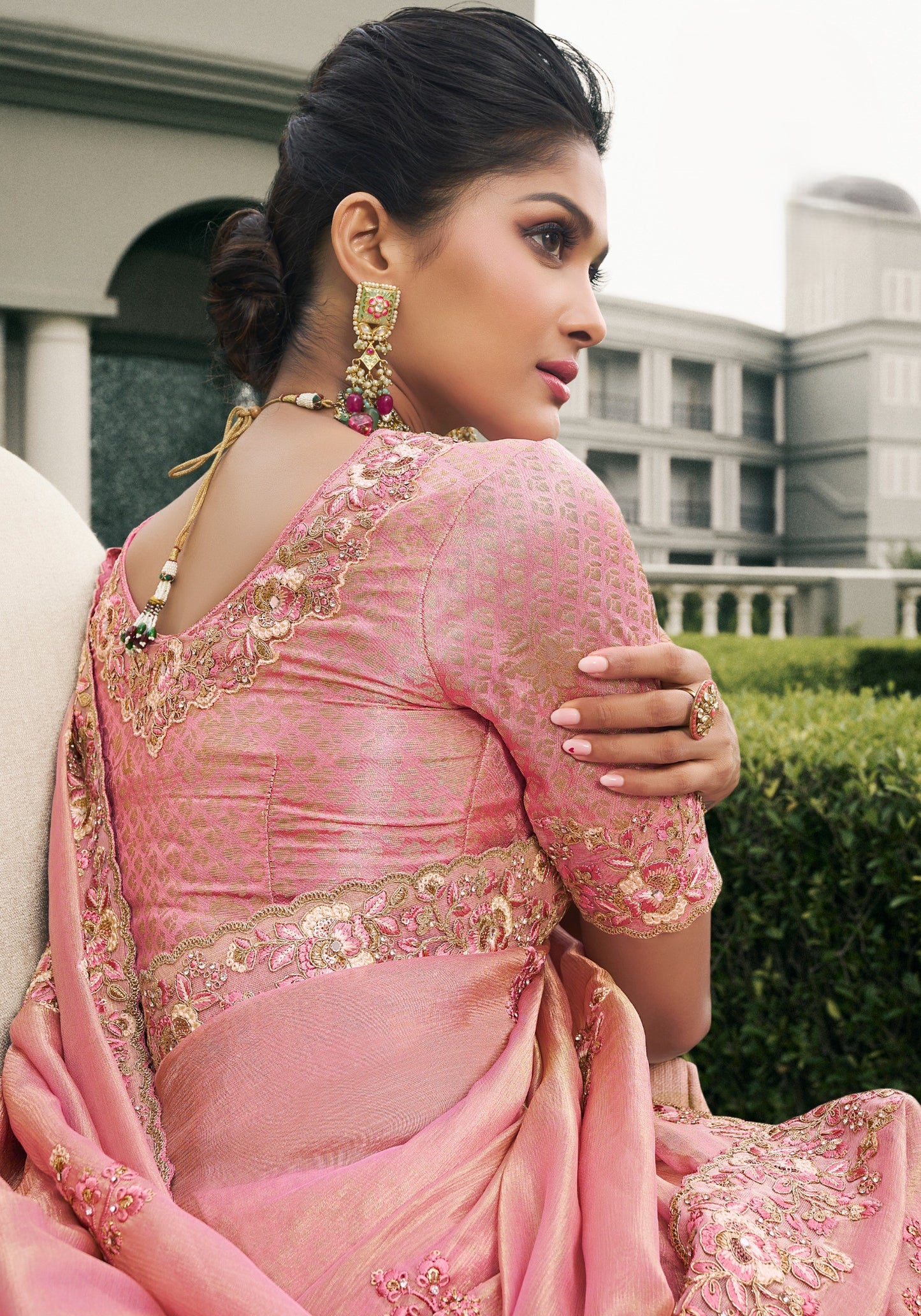 Pink Half n Half Pure Baranasi Silk Saree