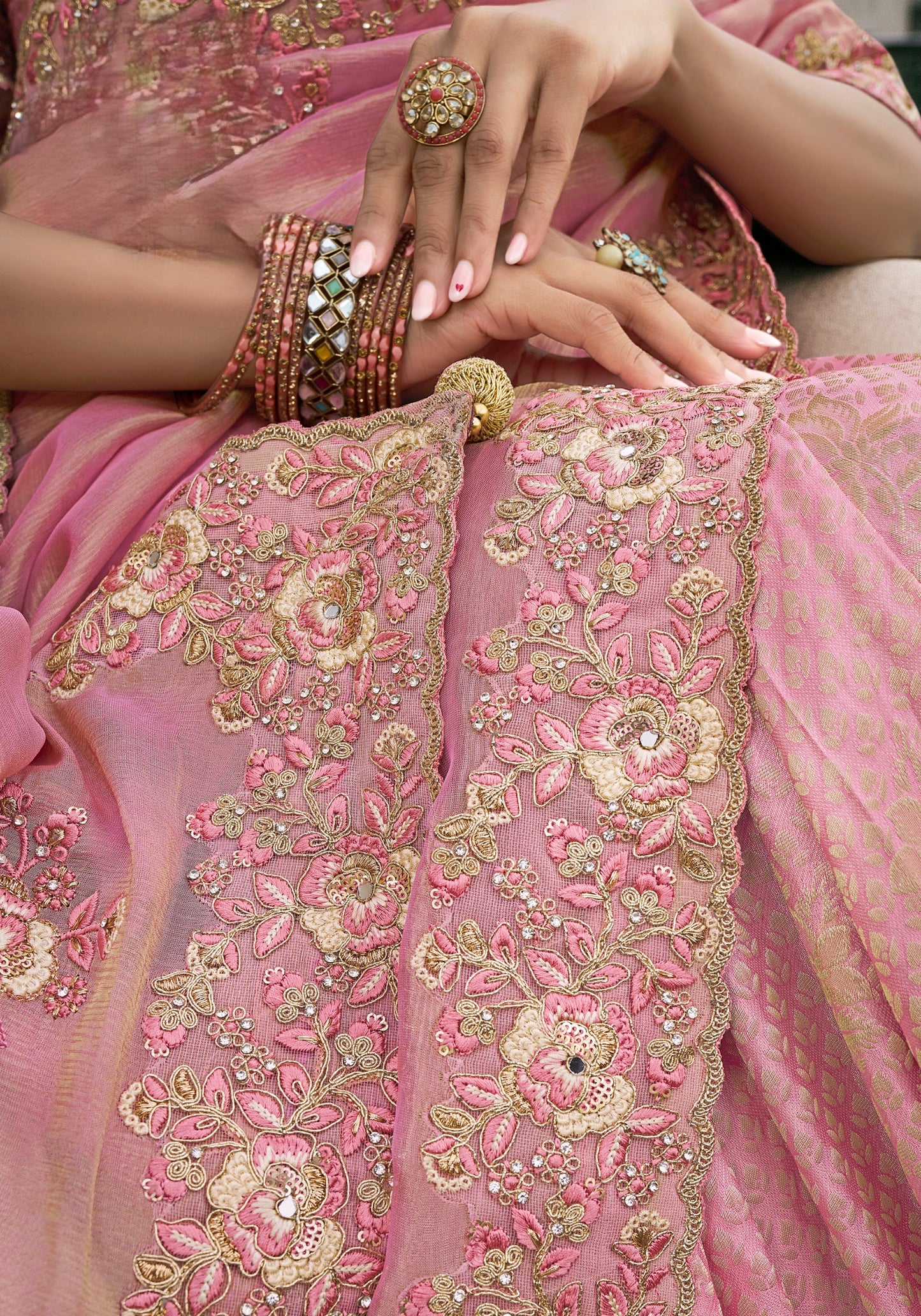 Pink Half n Half Pure Baranasi Silk Saree