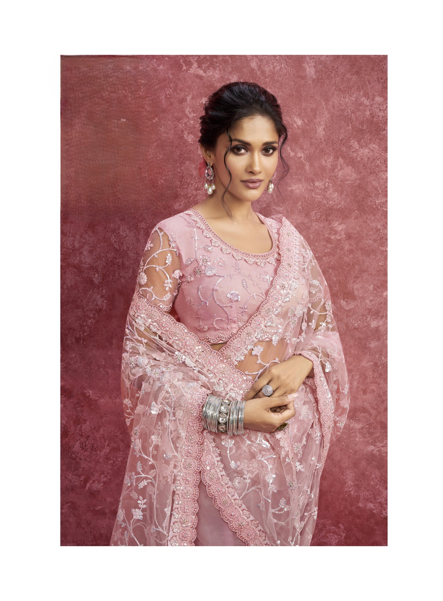 Pink Nett Saree