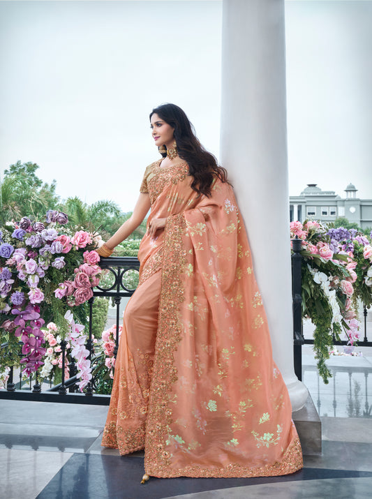 Peach With Ranbow Jari Half n Half Saree