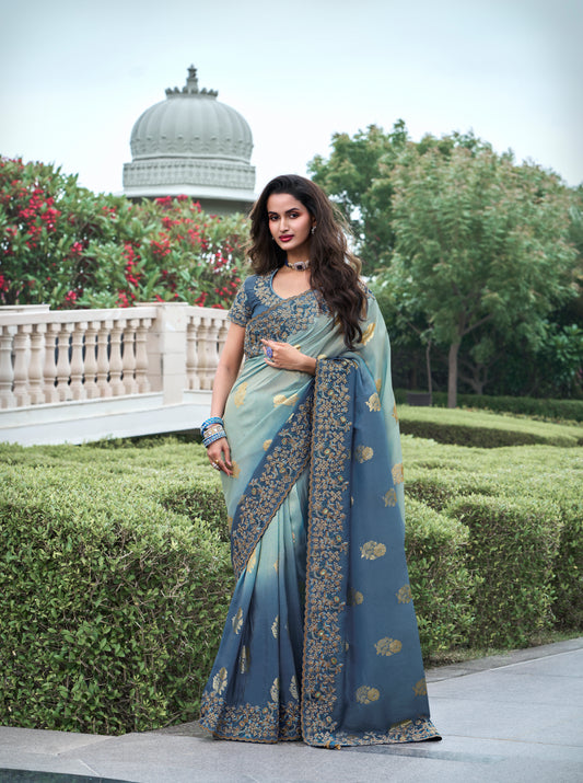 Blue Shaded Pure Viscos Tissue Silk Saree