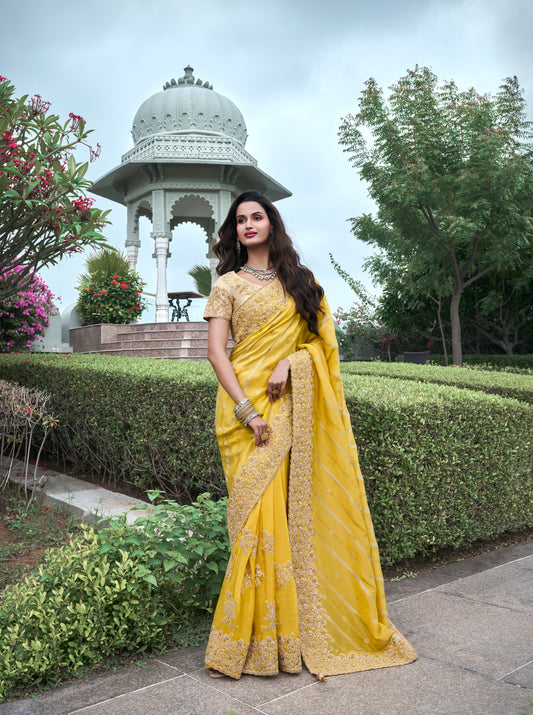 Yellow Pure Viscose Tissue Silk Saree