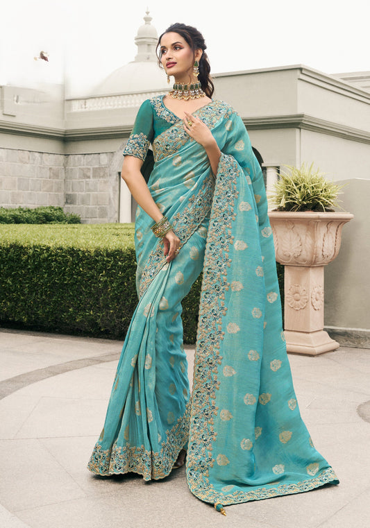 Sky Blue Pure Slub Jequard Sikl Saree