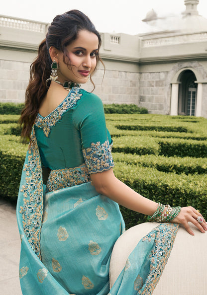 Sky Blue Pure Slub Jequard Sikl Saree