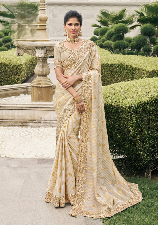 Pure Satin Viscose Off White Saree