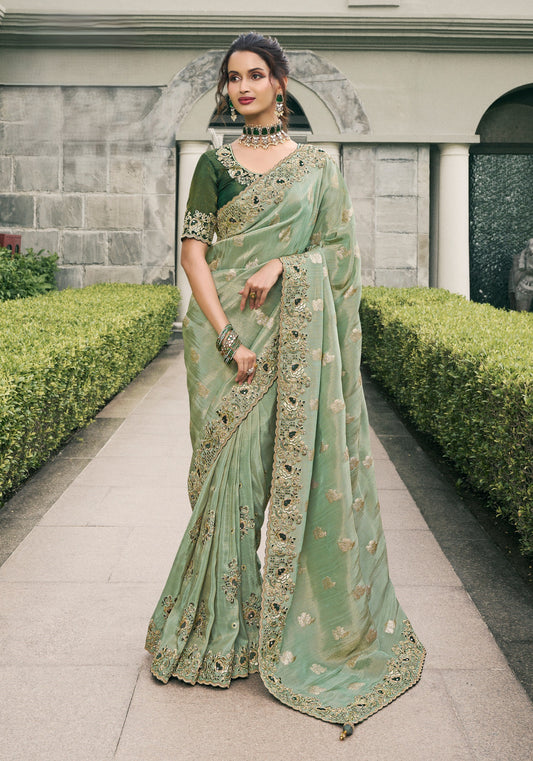 Pure Viscose Sea Green Silk Saree