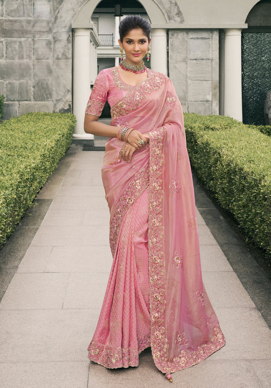 Pink Half n Half Pure Baranasi Silk Saree