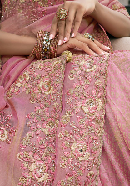 Pink Half n Half Pure Baranasi Silk Saree