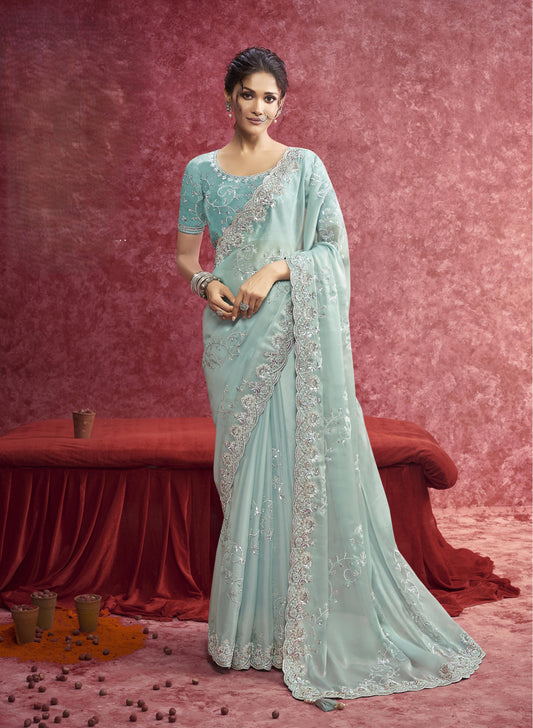 Sky Blue Satin Saree