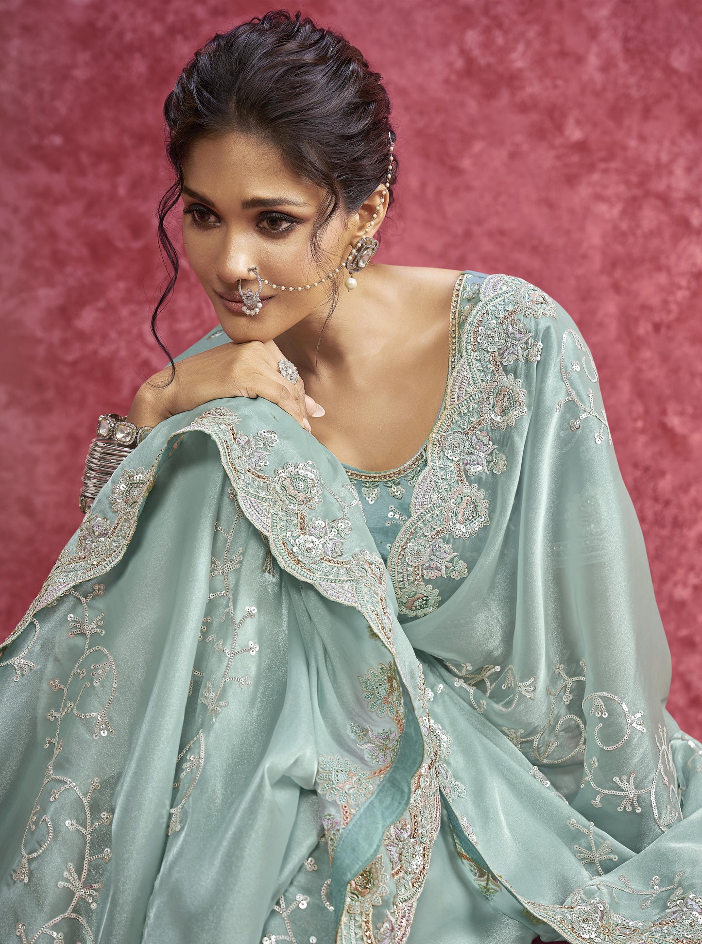 Sky Blue Satin Saree