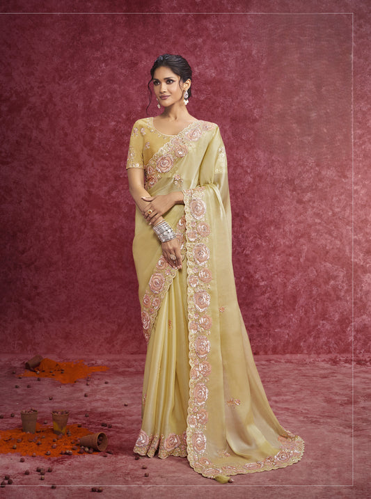 Yellow Satin Silk Saree