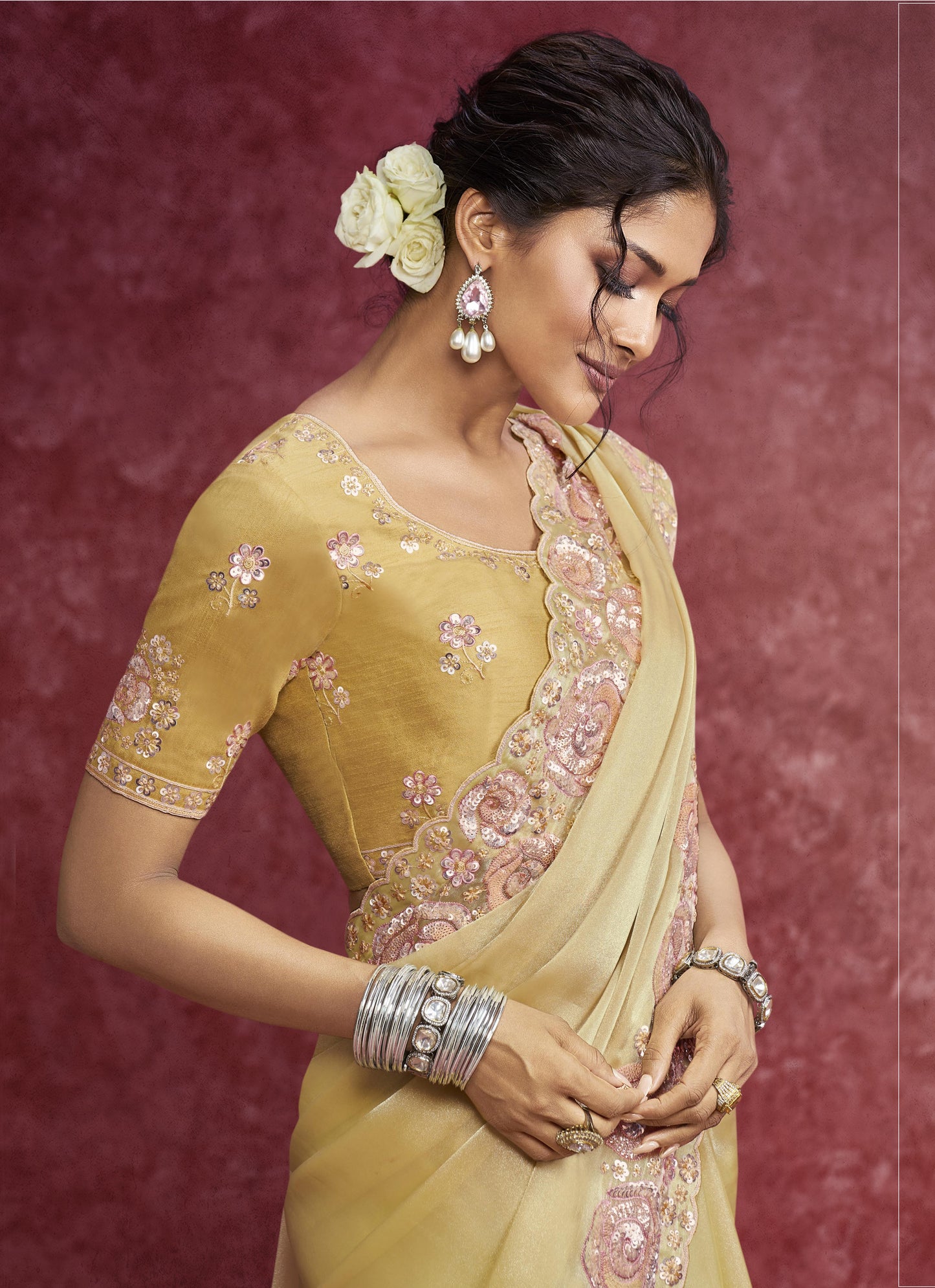 Yellow Satin Silk Saree