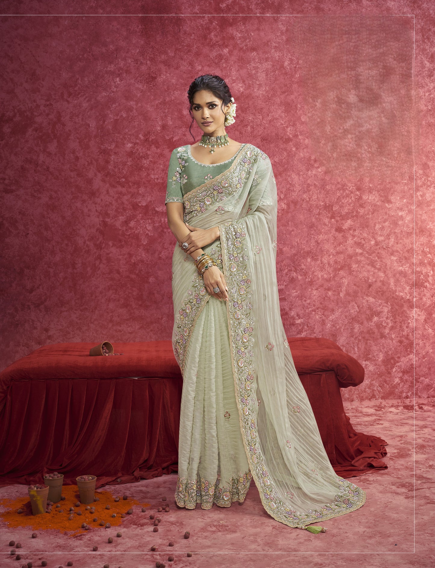 Pista Gold Coating Silk Saree