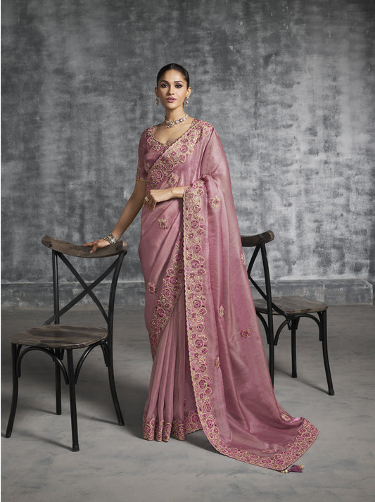 Peach Pink Zari Satin Silk Saree