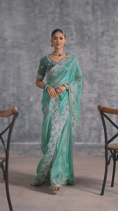 Rama zari Satin Silk Saree