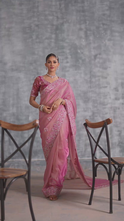 Peach Pink Zari Satin Silk Saree