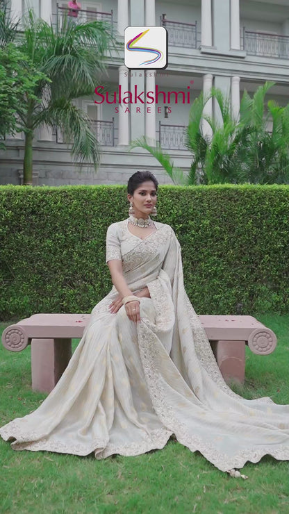 Pure Satin Viscose Off White Saree