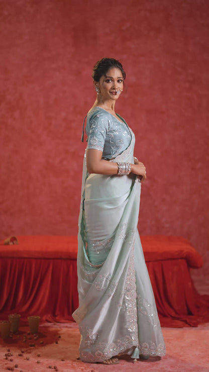 Sky Blue Satin Saree